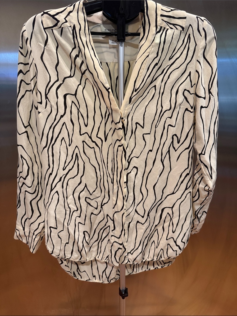 By Malene Birger Cream Silk Blouse with Black Abstract Stripe Print